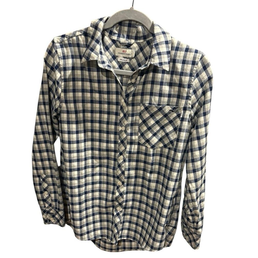 VINEYARD VINES Relaxed Fit Plaid Shirt Size 4 Navy Blue Gray Lightweight Flannel